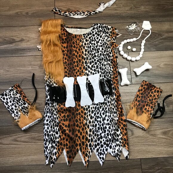 Cave Girl Costume Historical Stone Age Girls M Halloween, Primitive Cosplay NEW - Picture 3 of 9